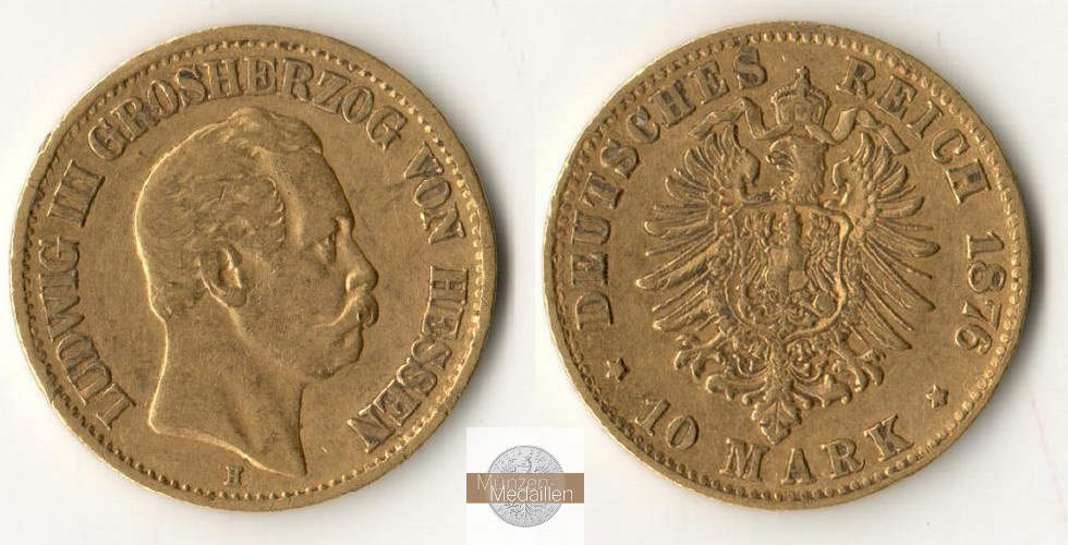 Deutsches Kaiserreich, Hessen. MM-Frankfurt Feingold: 3,58g Ludwig III. 10 Mark 1876 H 