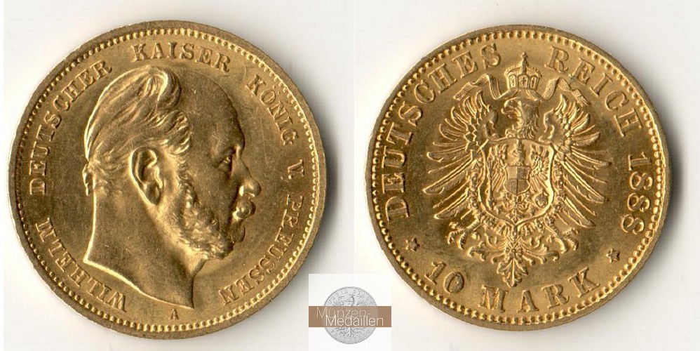 Deutsches Kaiserreich, Preussen. MM-Frankfurt Feingewicht: 3,58g Gold Wilhelm I. 1861-1888. 10 Mark 1888 A 