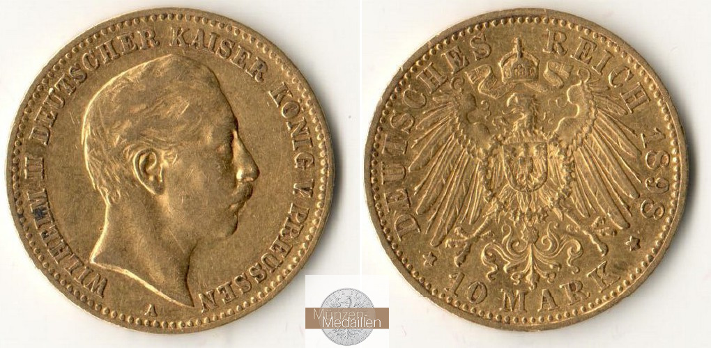 Deutsches Kaiserreich, Preussen. MM-Frankfurt Feingewicht: 3,58g Gold Wilhelm II. 1888-1918. 10 Mark 1898 A 