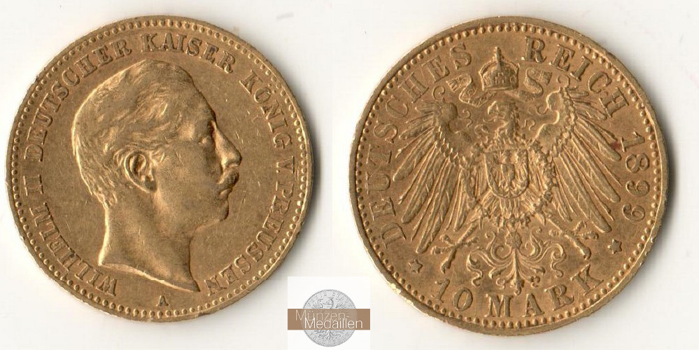 Deutsches Kaiserreich, Preussen. MM-Frankfurt Feingewicht: 3,58g Gold Wilhelm II. 1888-1918. 10 Mark 1899 A 