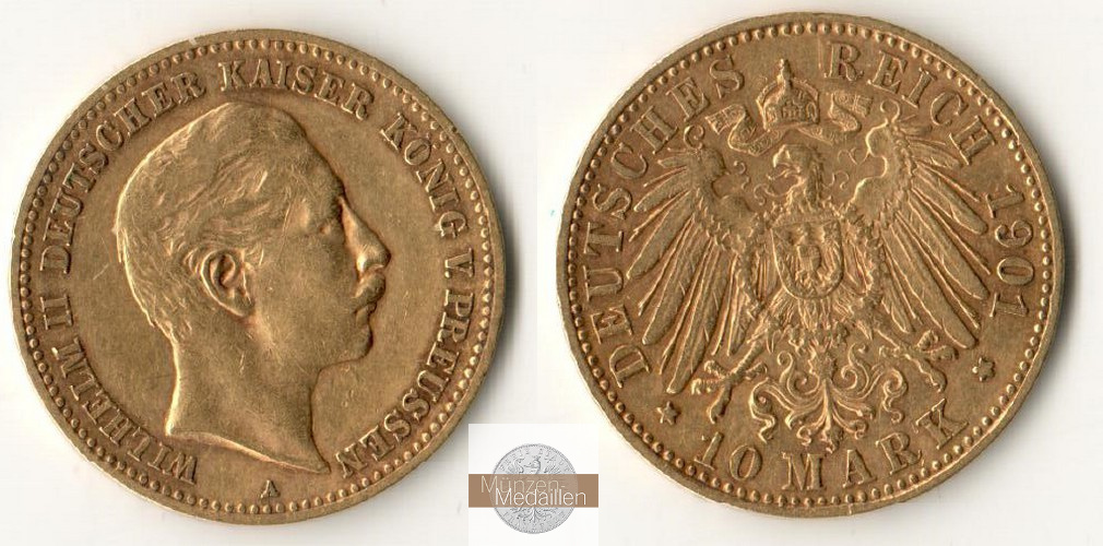 Deutsches Kaiserreich, Preussen. MM-Frankfurt Feingewicht: 3,58g Gold Wilhelm II. 1888-1918. 10 Mark 1901 A 