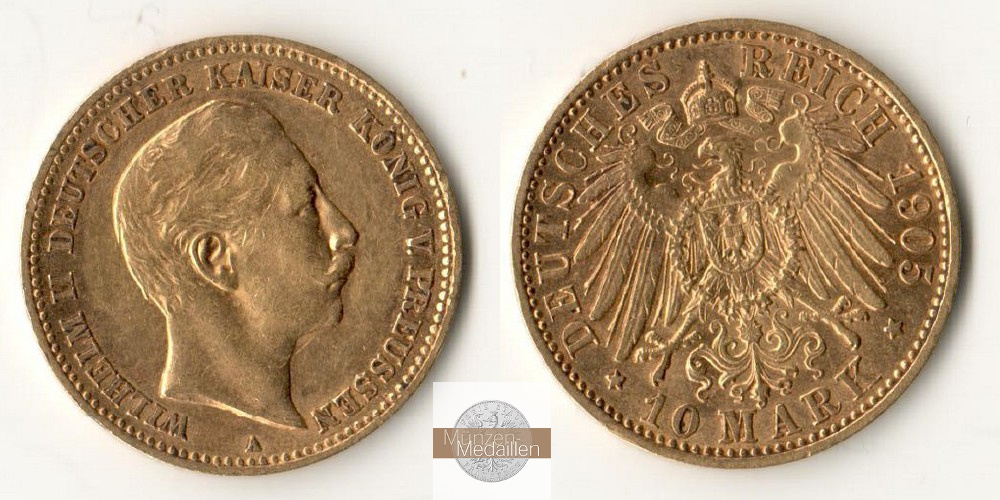Deutsches Kaiserreich, Preussen. MM-Frankfurt Feingewicht: 3,58g Gold Wilhelm II. 1888-1918. 10 Mark 1905 A 