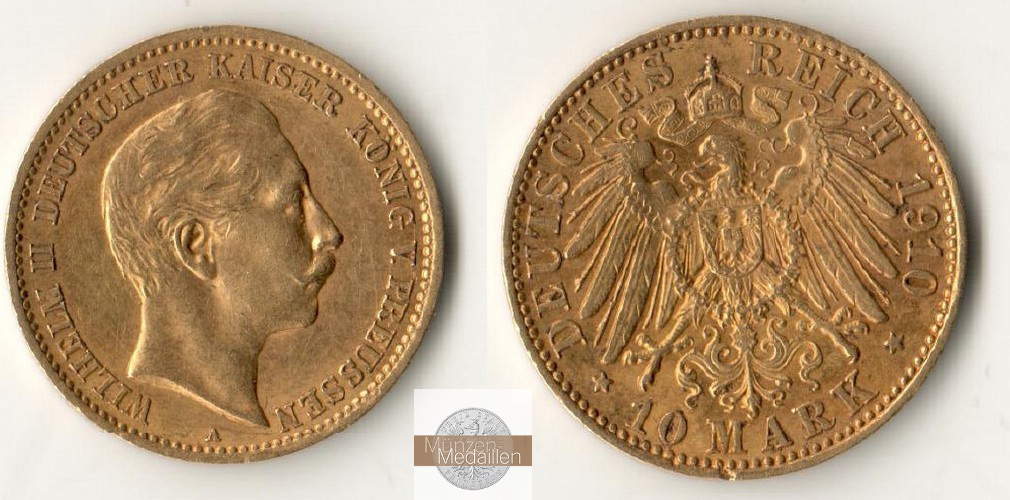 Deutsches Kaiserreich, Preussen. MM-Frankfurt Feingewicht: 3,58g Gold Wilhelm II. 1888-1918. 10 Mark 1910 A 