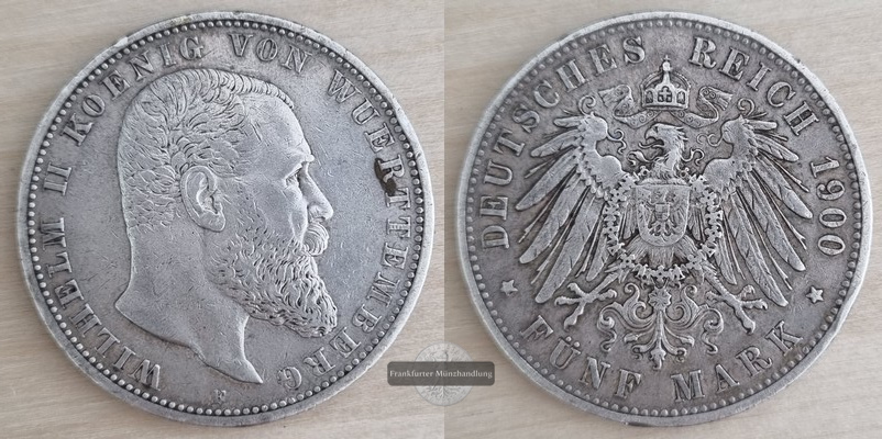  Würtemberg, Kaiserreich  5 Mark  1900 F  FM-Frankfurt/M Feingewicht: 25g Silber   
