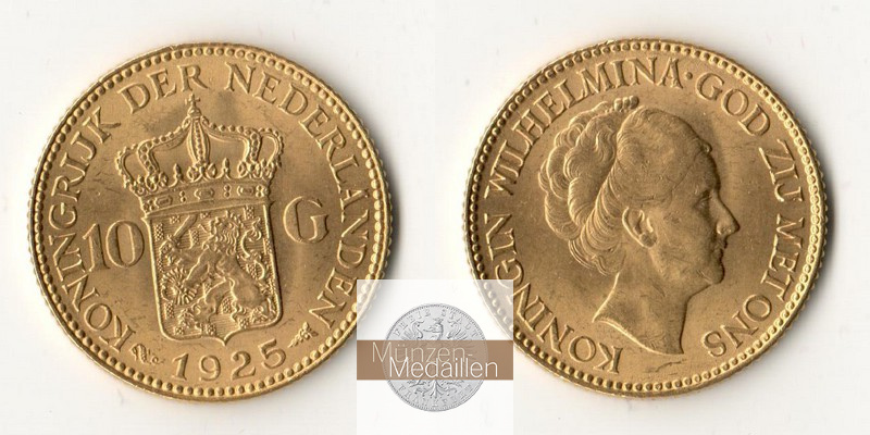 Niederlande  10 Gulden MM-Frankfurt  Feingold: 6,06g Wilhelmina I. 1925 