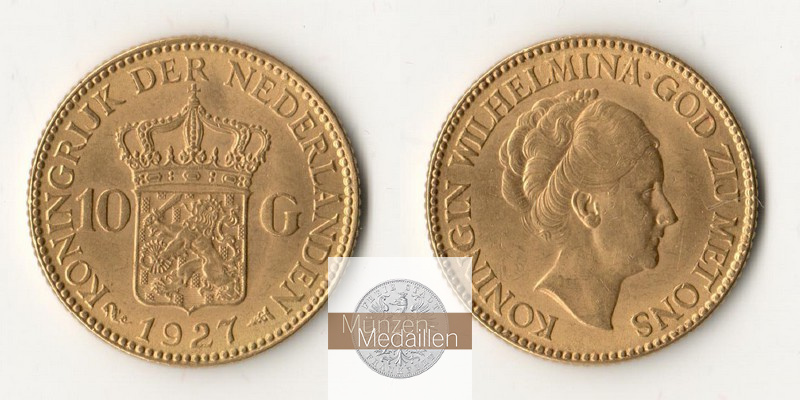 Niederlande  10 Gulden MM-Frankfurt  Feingold: 6,06g Wilhelmina I. 1927 