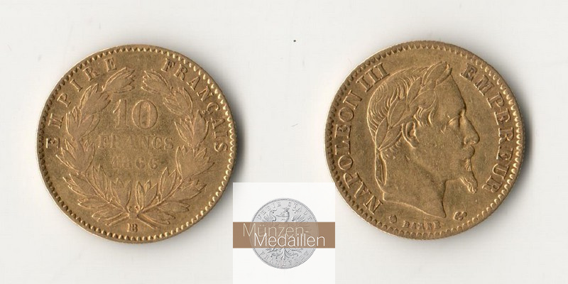 Frankreich MM-Frankfurt Feingold: 2,90g 10 Francs 1866 