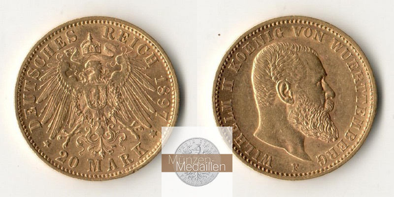 Deutsches Kaiserreich - Württemberg MM-Frankfurt Feingold: 7,17g Wilhelm II., 20 Mark 1897 F 