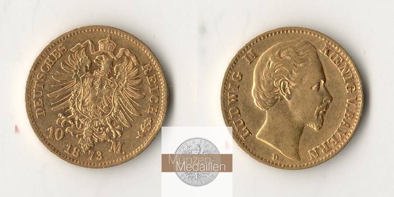 Bayern, Kaiserreich  10 Mark MM-Frankfurt Feingold: 3,58g Ludwig II. 1864-1886 1873 D 