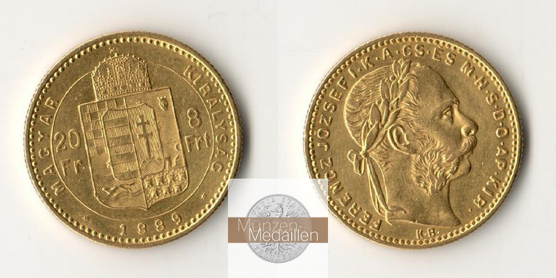 Ungarn, Königreich 1867-1918 MM-Frankfurt Feingewicht 5,81g 8 Forint 1889 KB 