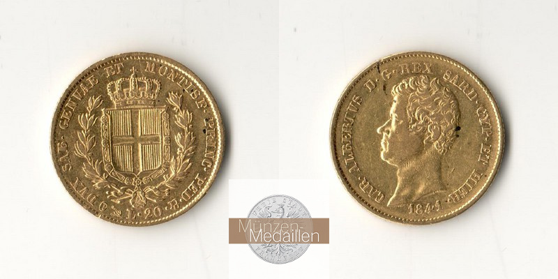 Sardinien MM-Frankfurt Feingold: 5,81g 20 Lire 1841 