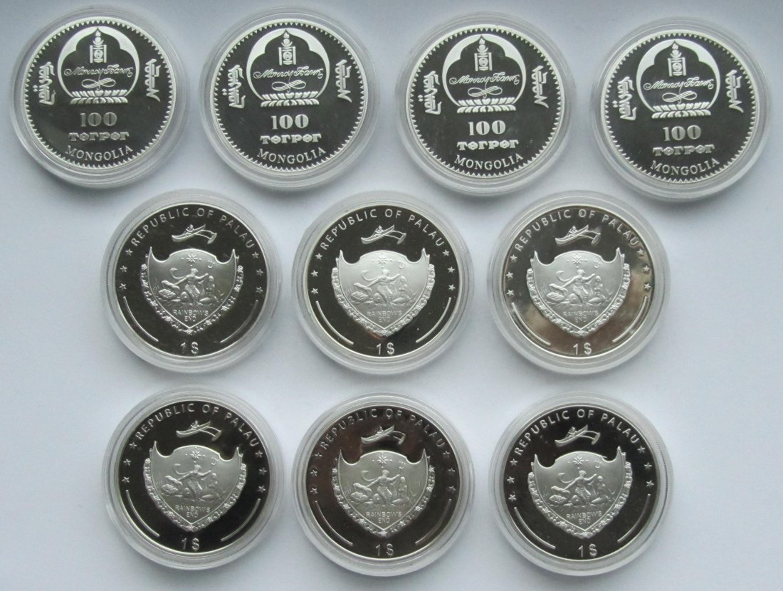  Mongolei/Palau: Lot aus zehn versilberten Gedenkmünzen   