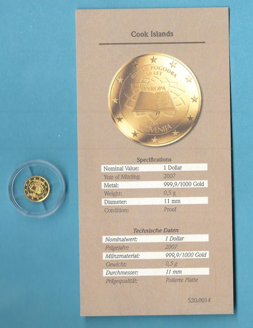  Cook Island 1 Dollar 2007 0,5 Gr. 999 Gold R.Verträge  Münzenankauf Koblenz Frank Maurer AB 686   