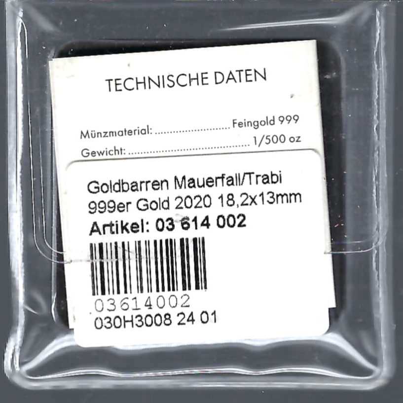  Goldbarren Mauerfall/Trabi DDR Feingold 999 1/500 oz Golden Gate Koblenz Frank Maurer Koblenz AB 731   