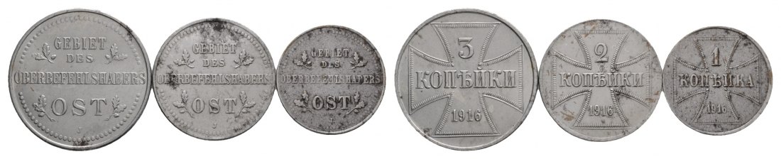  Deutsches Reich; 1, 2 und 3 Kopeken 1916; Gebiet des Oberbefehlshabers OST   