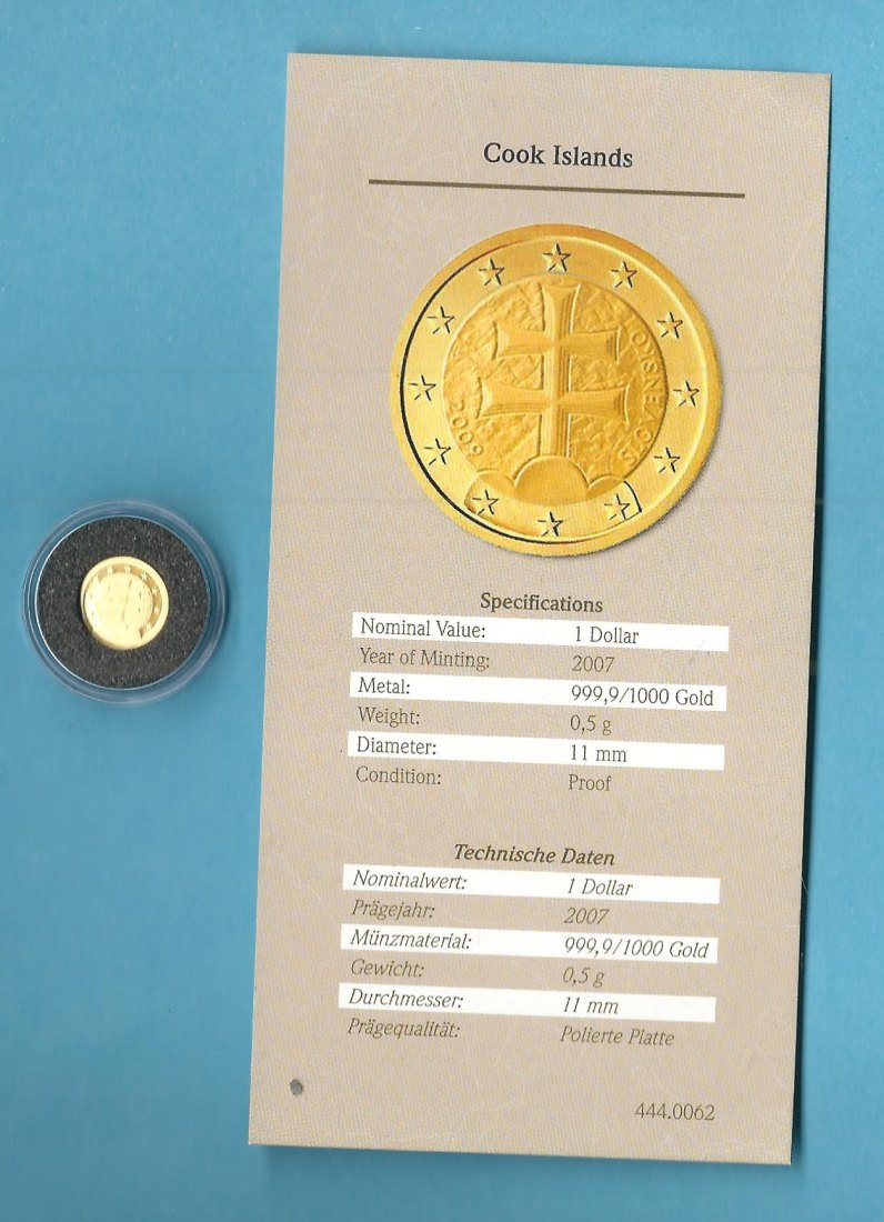  Cook Island 1 Dollar 2007 0,5 Gr. 999 Gold Slowakei  Münzenankauf Koblenz Frank Maurer AB 687   
