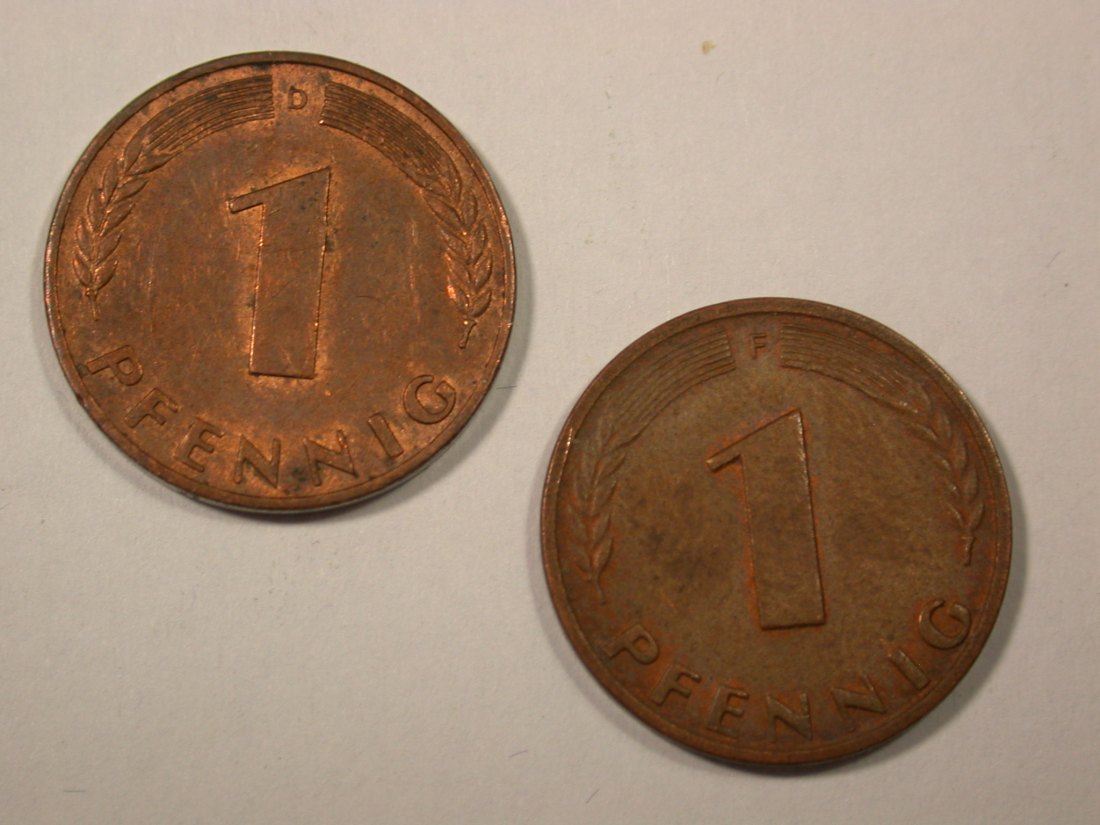  I4  BRD  1 Pfennig 1950 D + F 2 Stück in besser als ss  Originalbilder   