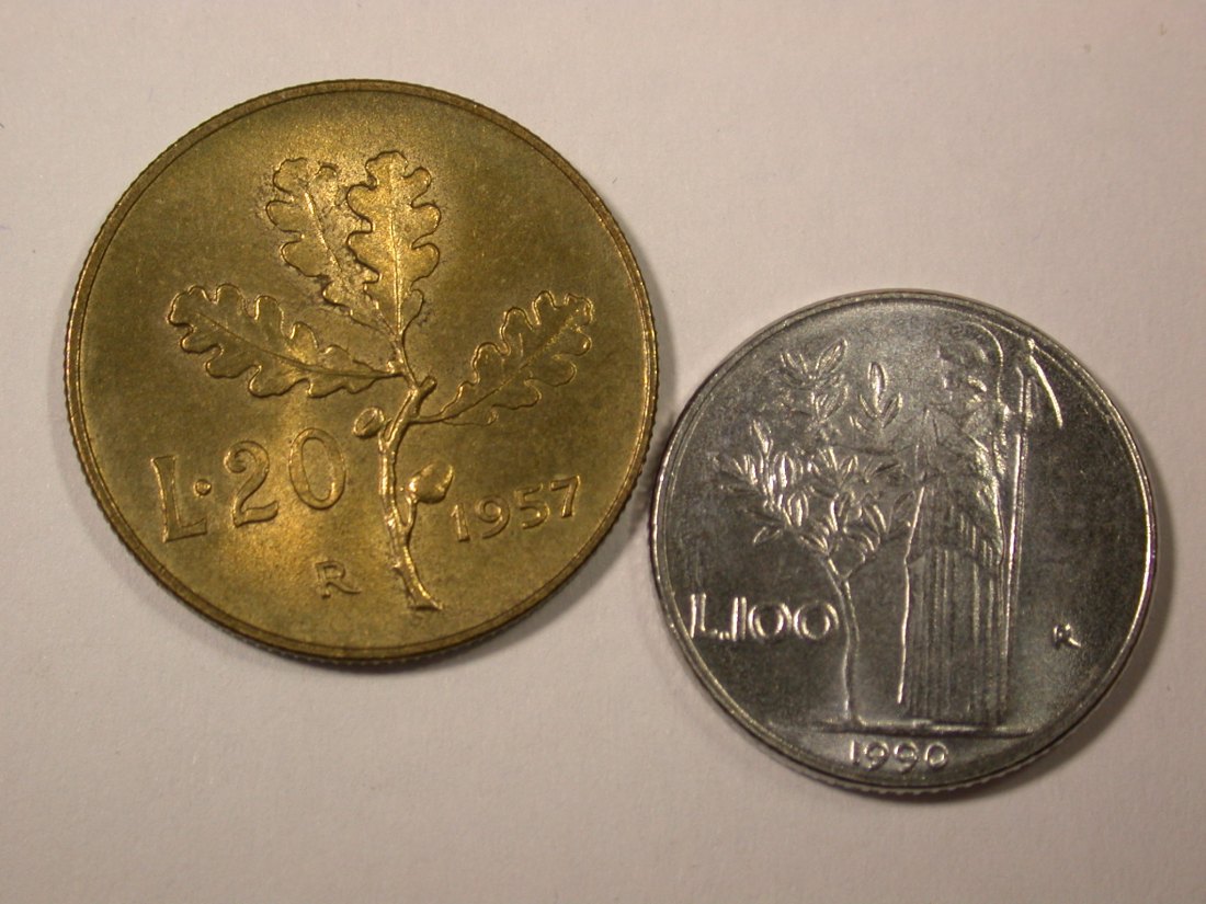  I4  Italien 20 Lire 1957 und 100 Lire 1990 in f.st/ST  Originalbilder   