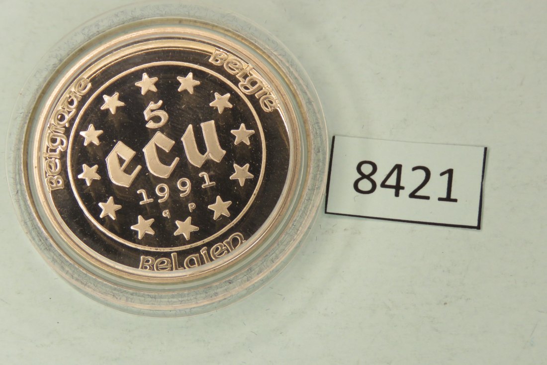  8421 Belgien 1991 - 5 ECU -  22,85 g SILBER  Originalschatulle und Zertifikat   