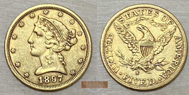 USA  5 Dollar MM-Frankfurt   Feingold: 7,52g Half Eagle 1897 - S 