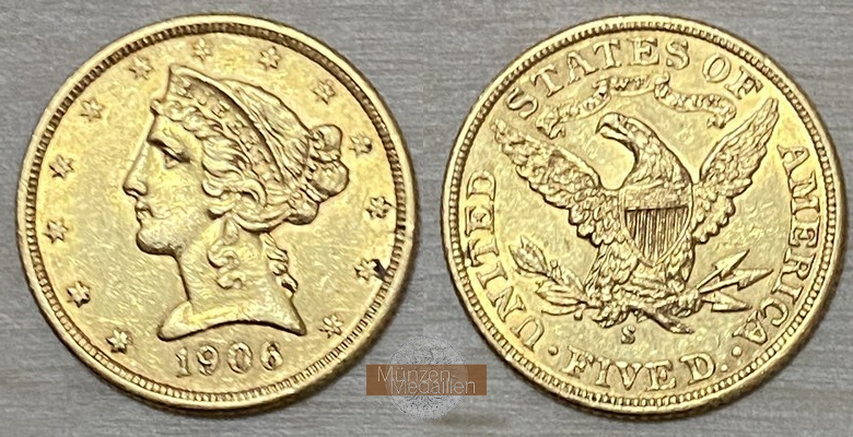 USA  5 Dollar MM-Frankfurt   Feingold: 7,52g Half Eagle 1906 - S 