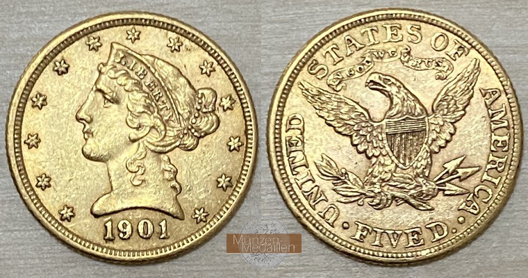 USA  5 Dollar MM-Frankfurt   Feingold: 7,52g Half Eagle 1901 