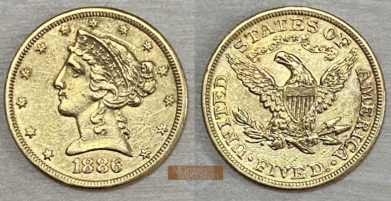 USA  5 Dollar MM-Frankfurt   Feingold: 7,52g Half Eagle 1886 