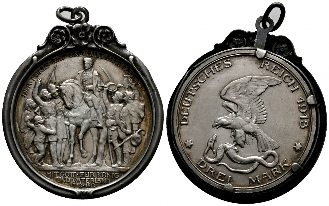 PEUS 1714 Kaiserreich - Preußen Raugewicht 19,51 g. Befreiungskriege gegen Frankreich 3 Mark 1913 A Gefasst, vorzüglich