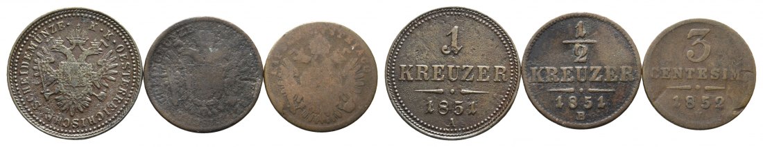  Österreich; 3 Kleinmünzen 1851/1852   