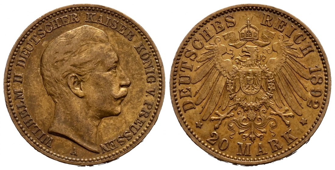 PEUS 1697 Kaiserreich - Preußen 7,16 g Feingold. Wilhelm II. (1888 - 1918) 20 Mark Gold 1892 A Sehr schön