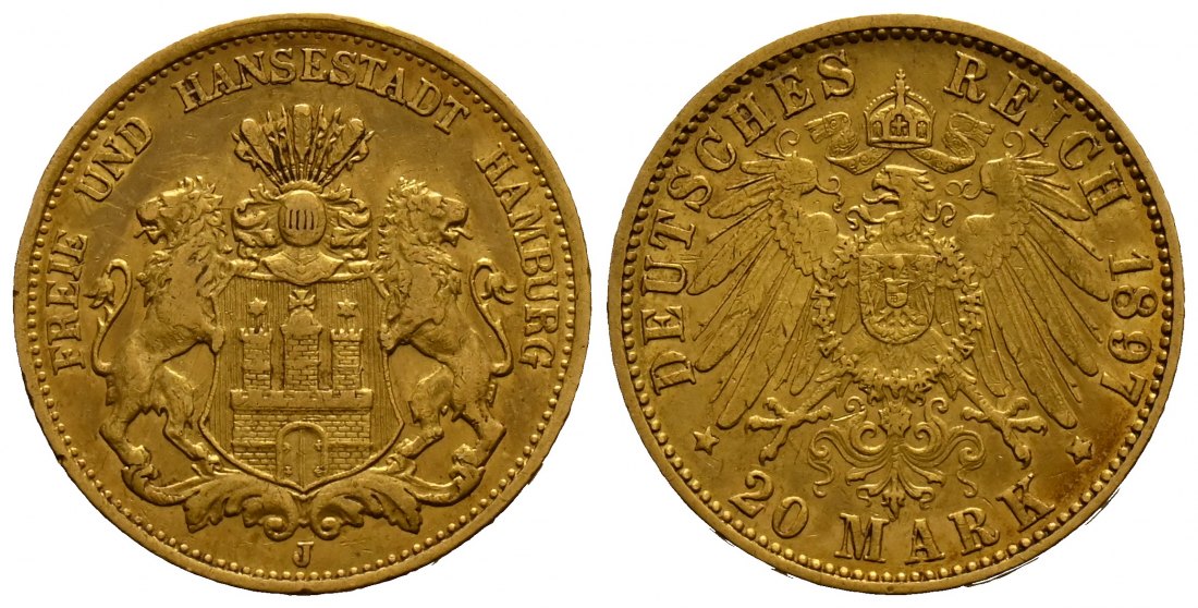 PEUS 1699  Kaiserreich - Hamburg 7,16 g Feingold. Stadtwappen 20 Mark GOLD 1897 J Sehr schön