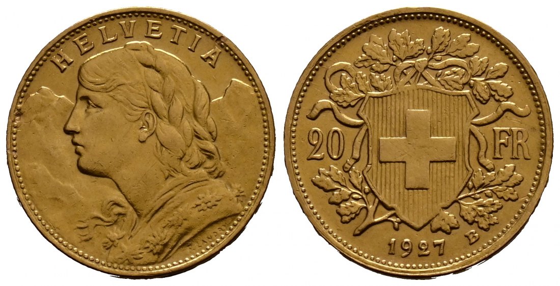 PEUS 1706 Schweiz 5,81 g Feingold. Vreneli 20 Franken GOLD 1927 B Fassungsspuren, Sehr schön