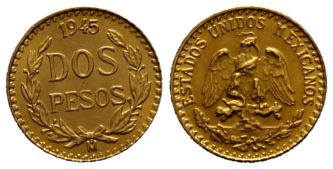 PEUS 1719 Mexiko 1,5 g Feingold 2 Pesos GOLD 1945 M Stempelglanz