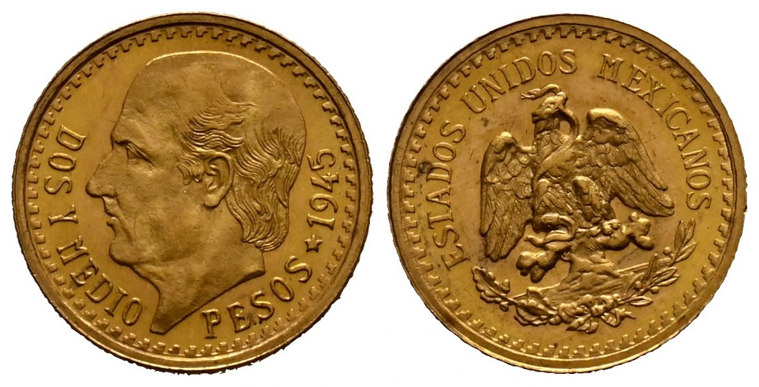 PEUS 1720 Mexiko 1,88 g Feingold. Miguel Hidalgo y Costilla 2 1/2 Pesos GOLD 1945 Vorzüglich