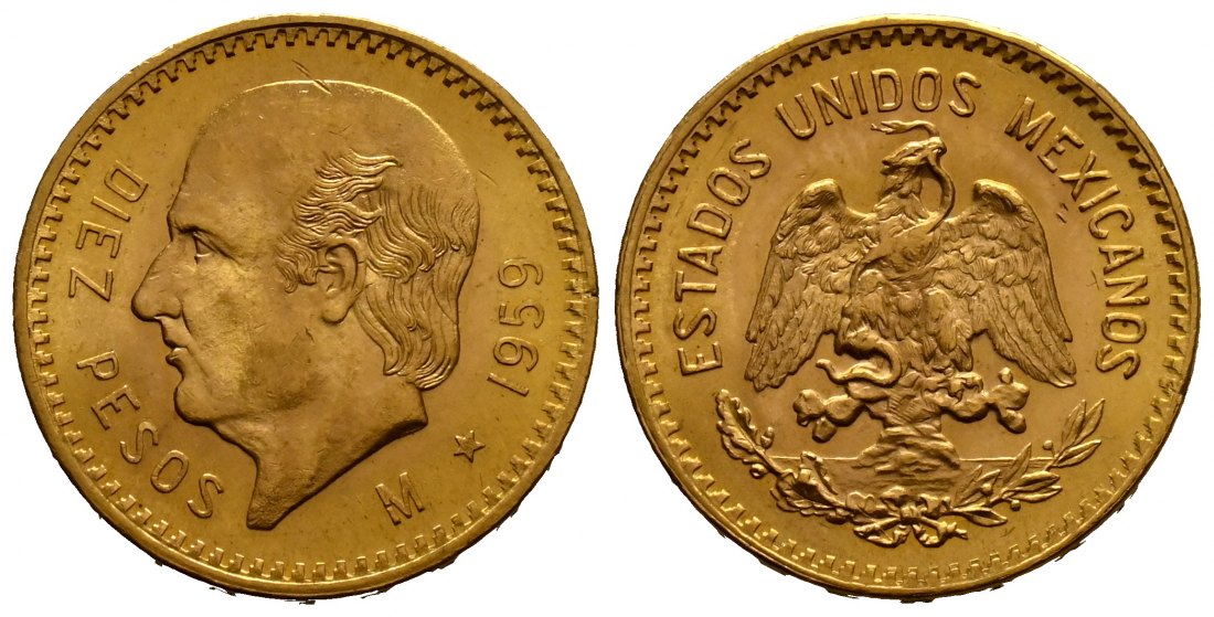 PEUS 1721 Mexiko 7,5 g Feingold. Miguel Hidalgo y Costilla 10 Pesos GOLD 1959 M Fast Stempelglanz