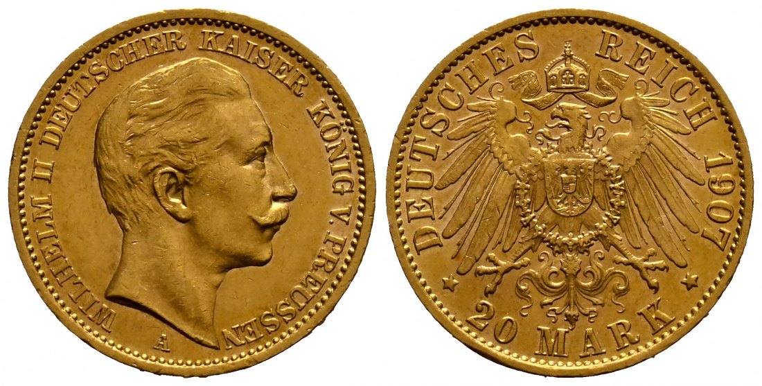 PEUS 1725 Preußen - Kaiserreich 7,17 g Feingold. Wilhelm II. (1888 - 1918) 20 Mark GOLD 1907 A Kl. Kratzer, fast Vorzüglich