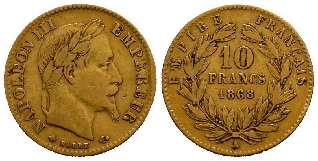 PEUS 1728 Frankreich 2,90 g Feingold. Napoleon III. (1852-1870) 10 Francs GOLD 1868 A Sehr schön