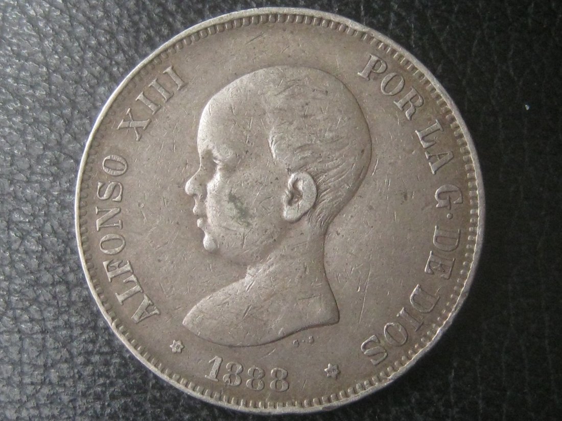  Spanien 5 Pesetas 1888 Madrid; Münze, Alfonso XIII. (1886-1931); 900er Silber; 25 Gramm   
