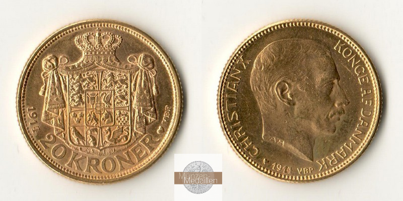 Dänemark MM-Frankfurt Feingold: 8,06g 20 Kronen 1914 