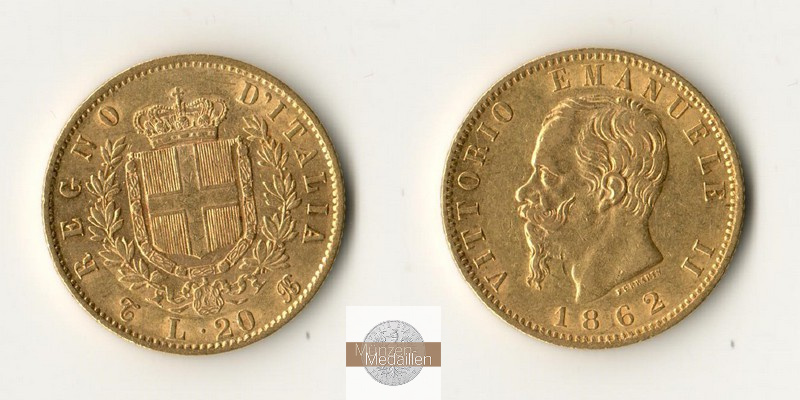 Italien MM-Frankfurt  Feingold: 5,81g 20 Lire 1862 