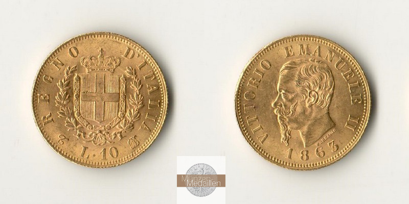 Italien, Vittorio Em. II. (1861-1878) MM-Frankfurt  Feingewicht: 2,91g 10 Lire 1863 