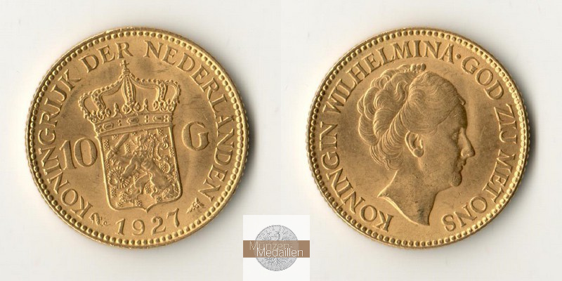Niederlande  10 Gulden MM-Frankfurt  Feingold: 6,06g Wilhelmina I. 1927 