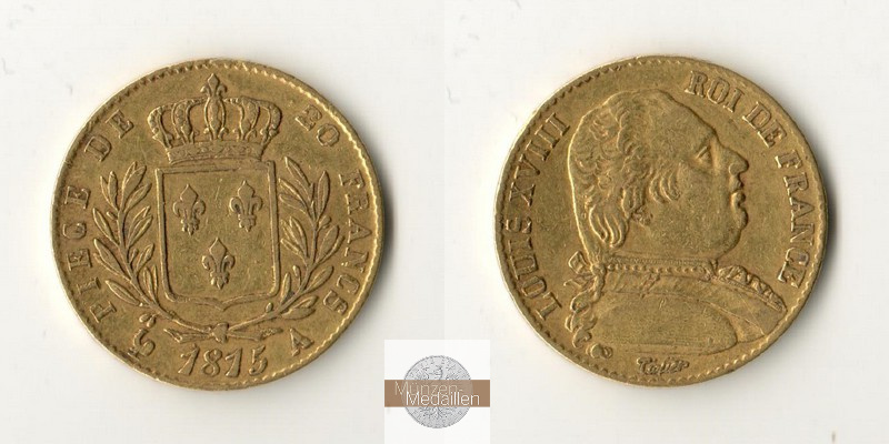Frankreich, Louis XVIII MM-Frankfurt  Feingewicht: 5,81g Gold 20 Francs 1815 A 
