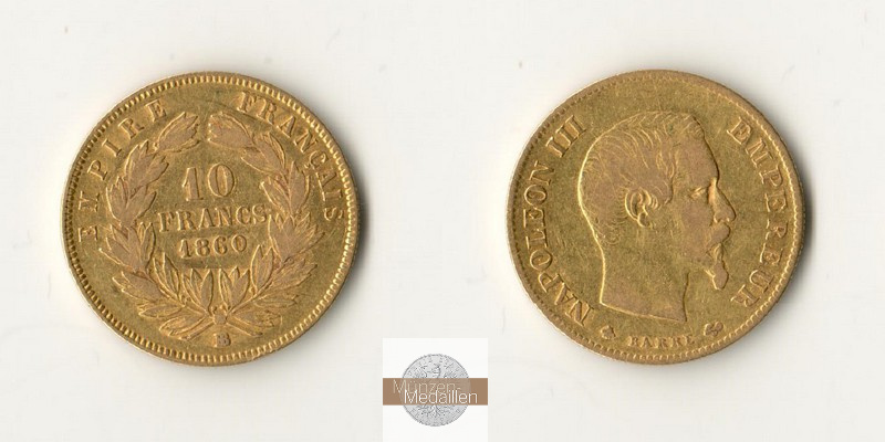 Frankreich MM-Frankfurt Feingewicht: 2,90g 10 Francs 1860 A 