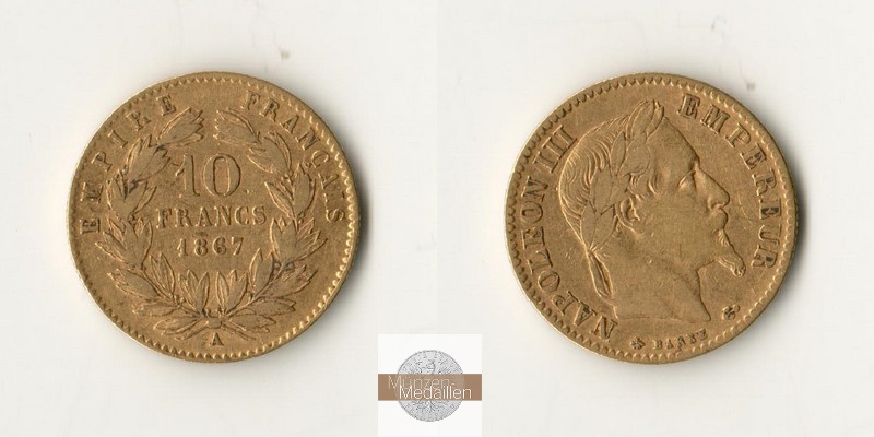 Frankreich MM-Frankfurt Feingold: 2,90g 10 Francs 1867 