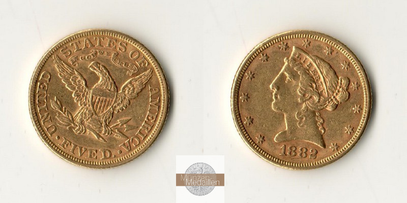 USA  5 Dollar MM-Frankfurt   Feingold: 7,52g Half Eagle 1882 