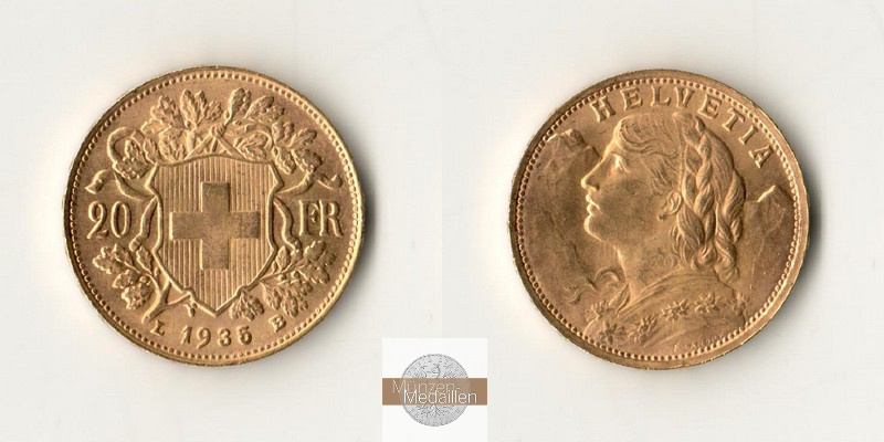 Schweiz MM-Frankfurt Feingold: 5,81g 20sFR (Vreneli) 1935 B 