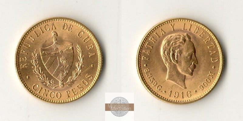 Kuba MM-Frankfurt  Feingold: 7,5g 5 Pesos 1916 