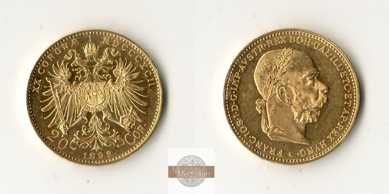 Österreich MM-Frankfurt Feingold: 6,10g 20 Kronen 1892 