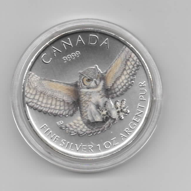 Kanada, Birds of prey, 5 Dollar 2015 Rotschwanz Eule, Colormünze Farbmünze, 1 unze oz Silber